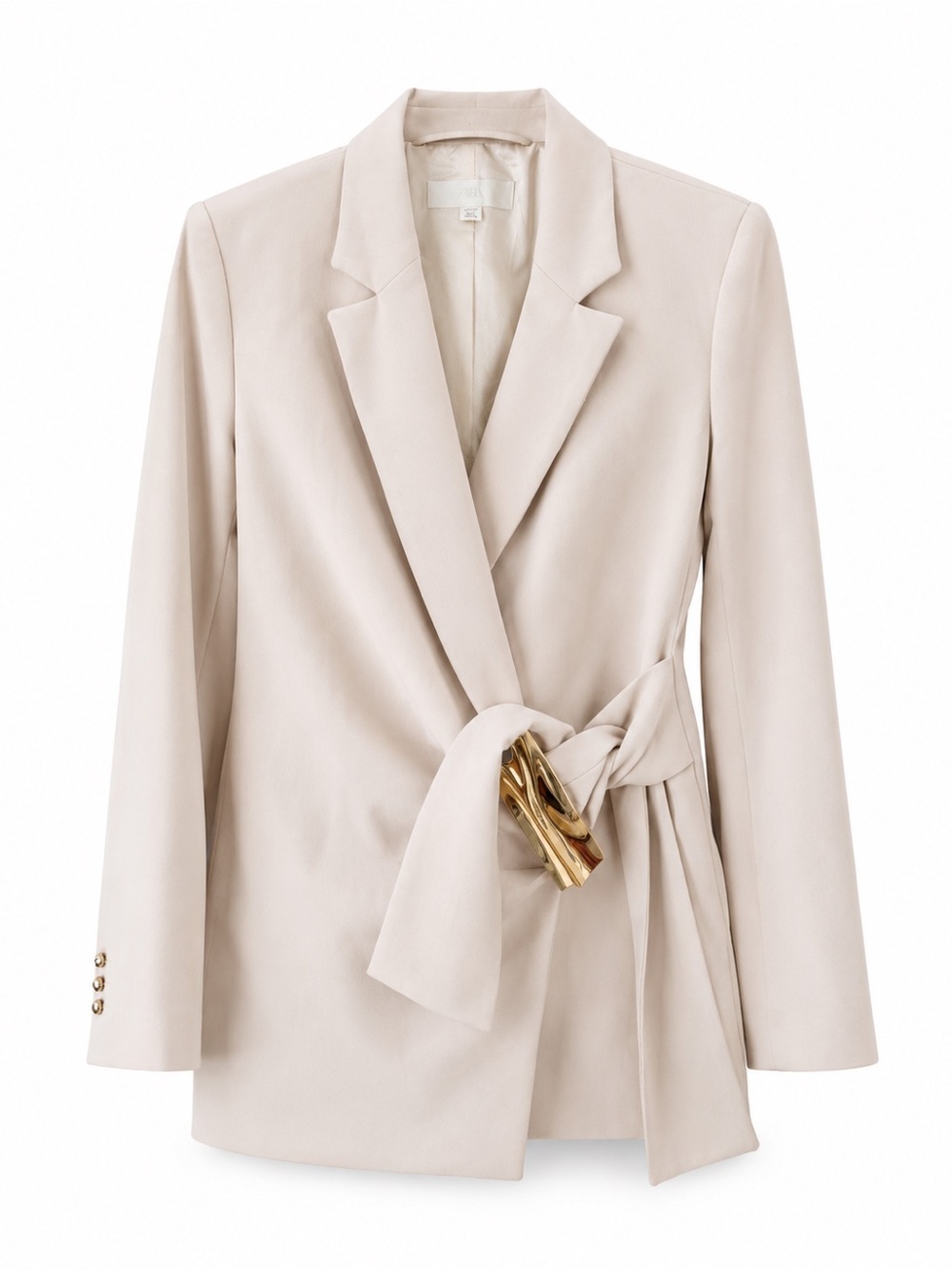 Zara Light Cream Tie-Waist Blazer with Gold Buckle Detail